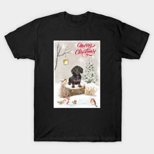 Black And Tan Dachshund Merry Christmas Santa Dog T-Shirt